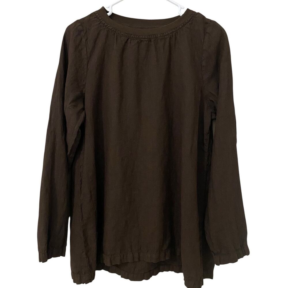 Flax 100% Linen Long Sleeve Crew Neck T Shirt Small Chocolate Brown Relaxed Fit